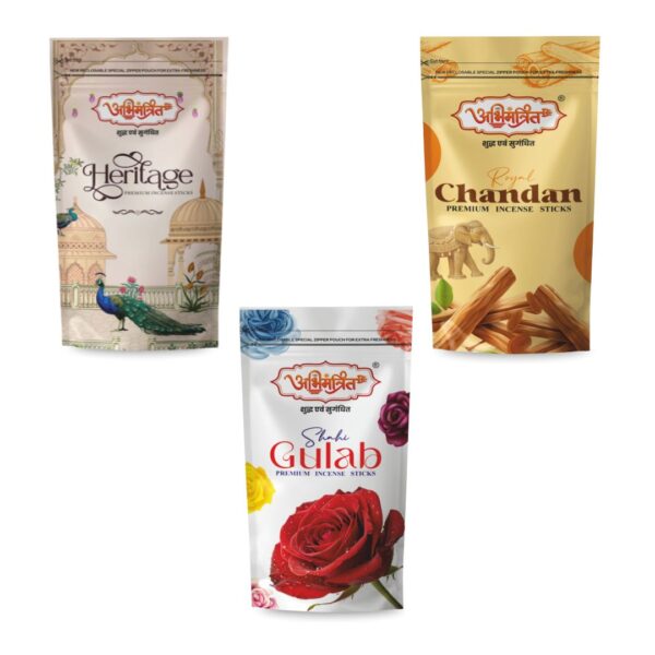 Abhimantrit Premium Incense Sticks Combo – Heritage, Royal Chandan & Shahi Gulab