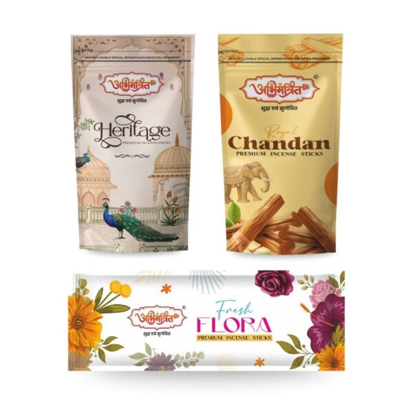 Abhimantrit Incense Sticks Combo – Heritage, Royal Chandan & Fresh Flora Premium Agarbatti Pack.