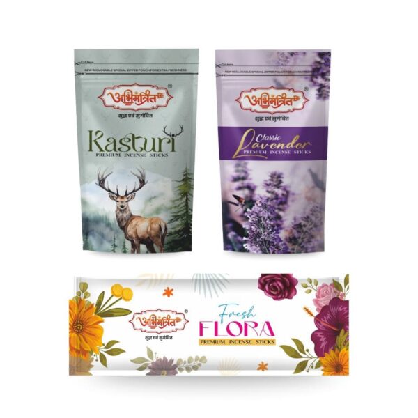 Abhimantrit Incense Sticks Combo – Kasturi, Lavender & Fresh Flora Premium Agarbatti Pack.