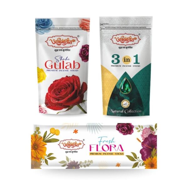 Abhimantrit Premium Incense Sticks Combo – Shahi Gulab, 3 in 1 Natural Collection & Fresh Flora Packs